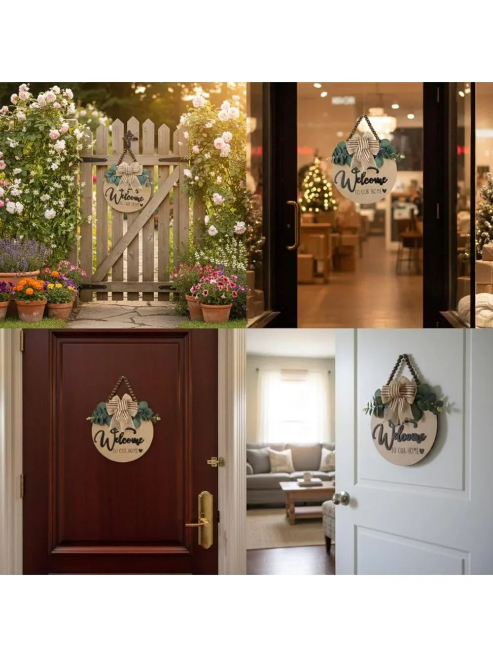 3D Welcome Sign for Front Door | Rustic Wooden Hanging Décor with Leaves & Beads